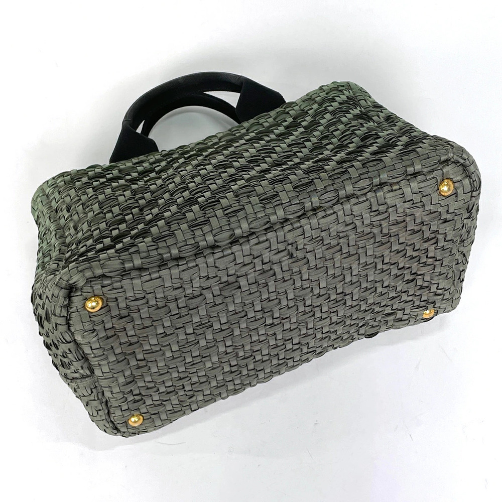 Prada Logo Plate Tote Bag Shoulder Woven Green - Picture 2 of 7